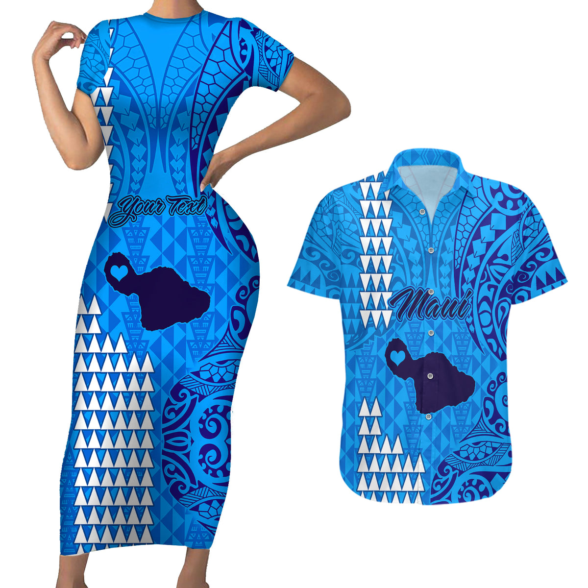 Personalised Maui Island Couples Matching Short Sleeve Bodycon Dress and Hawaiian Shirt Kakau Tribal Mixed Polynesian Pattern Blue LT9 - Wonder Print Shop
