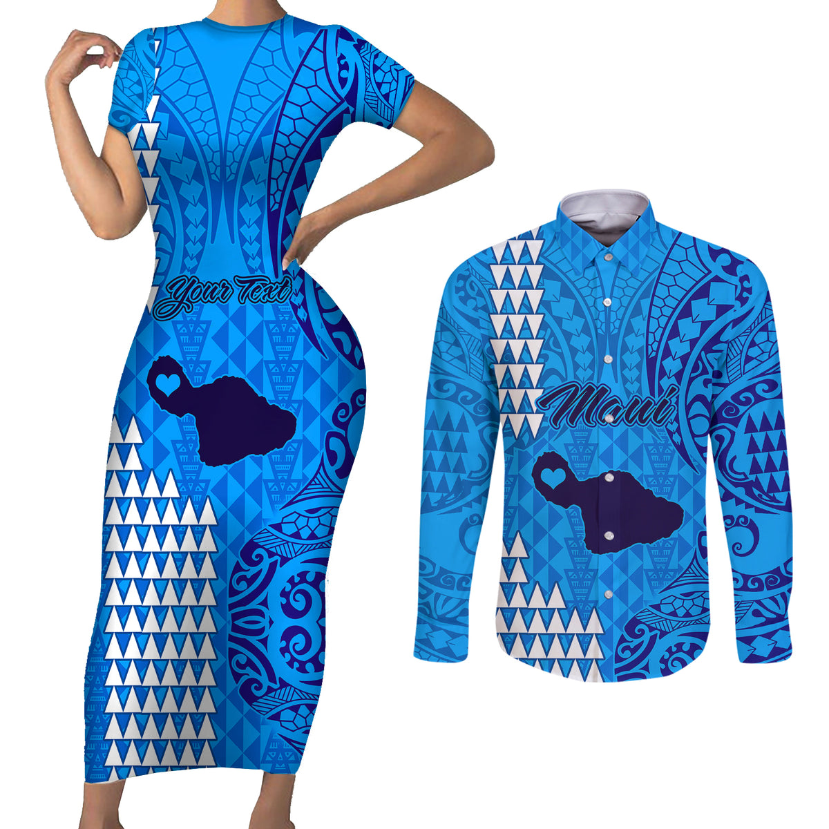 Personalised Maui Island Couples Matching Short Sleeve Bodycon Dress and Long Sleeve Button Shirts Kakau Tribal Mixed Polynesian Pattern Blue LT9 - Wonder Print Shop
