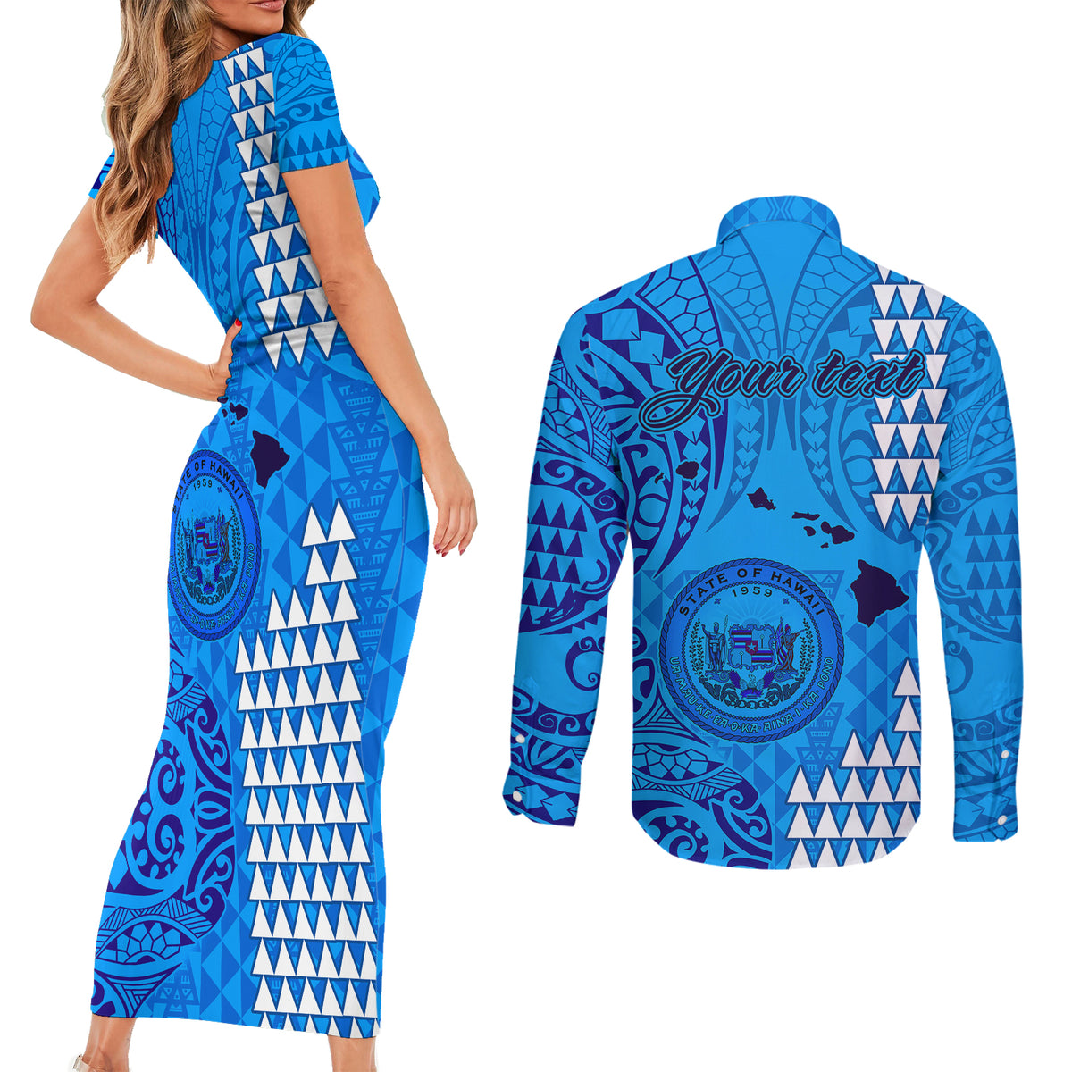 Personalised Maui Island Couples Matching Short Sleeve Bodycon Dress and Long Sleeve Button Shirts Kakau Tribal Mixed Polynesian Pattern Blue LT9 - Wonder Print Shop