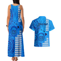 Personalised Maui Island Couples Matching Tank Maxi Dress and Hawaiian Shirt Kakau Tribal Mixed Polynesian Pattern Blue LT9 - Wonder Print Shop