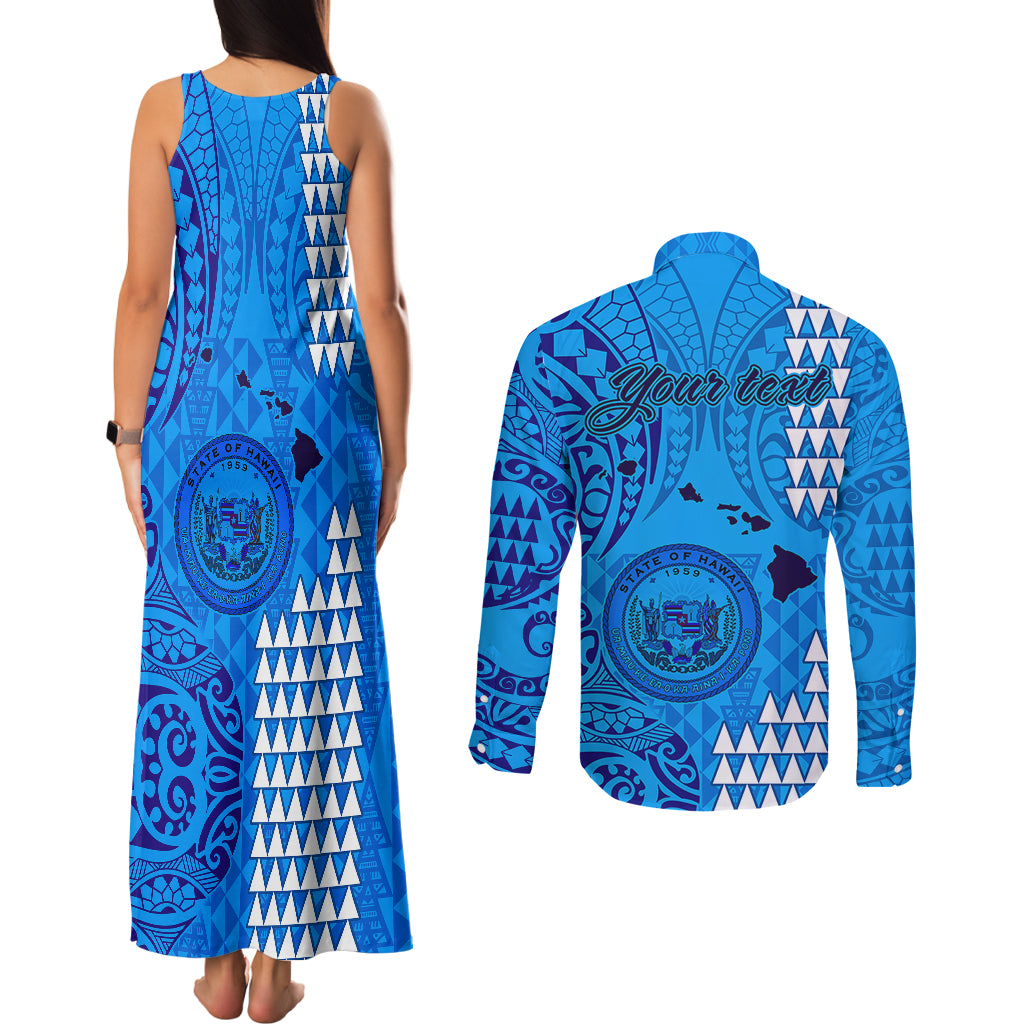 Personalised Maui Island Couples Matching Tank Maxi Dress and Long Sleeve Button Shirts Kakau Tribal Mixed Polynesian Pattern Blue LT9 - Wonder Print Shop