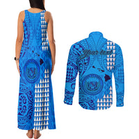 Personalised Maui Island Couples Matching Tank Maxi Dress and Long Sleeve Button Shirts Kakau Tribal Mixed Polynesian Pattern Blue LT9 - Wonder Print Shop