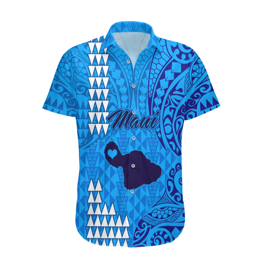 Personalised Maui Island Hawaiian Shirt Kakau Tribal Mixed Polynesian Pattern Blue - Wonder Print Shop
