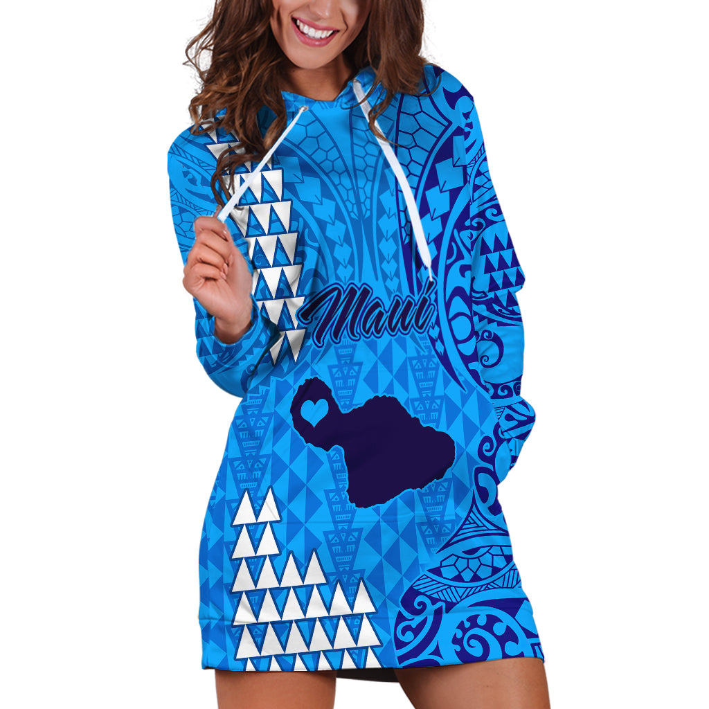 Personalised Maui Island Hoodie Dress Kakau Tribal Mixed Polynesian Pattern Blue - Wonder Print Shop