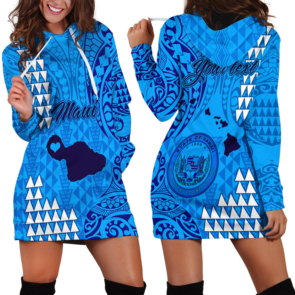 Personalised Maui Island Hoodie Dress Kakau Tribal Mixed Polynesian Pattern Blue - Wonder Print Shop