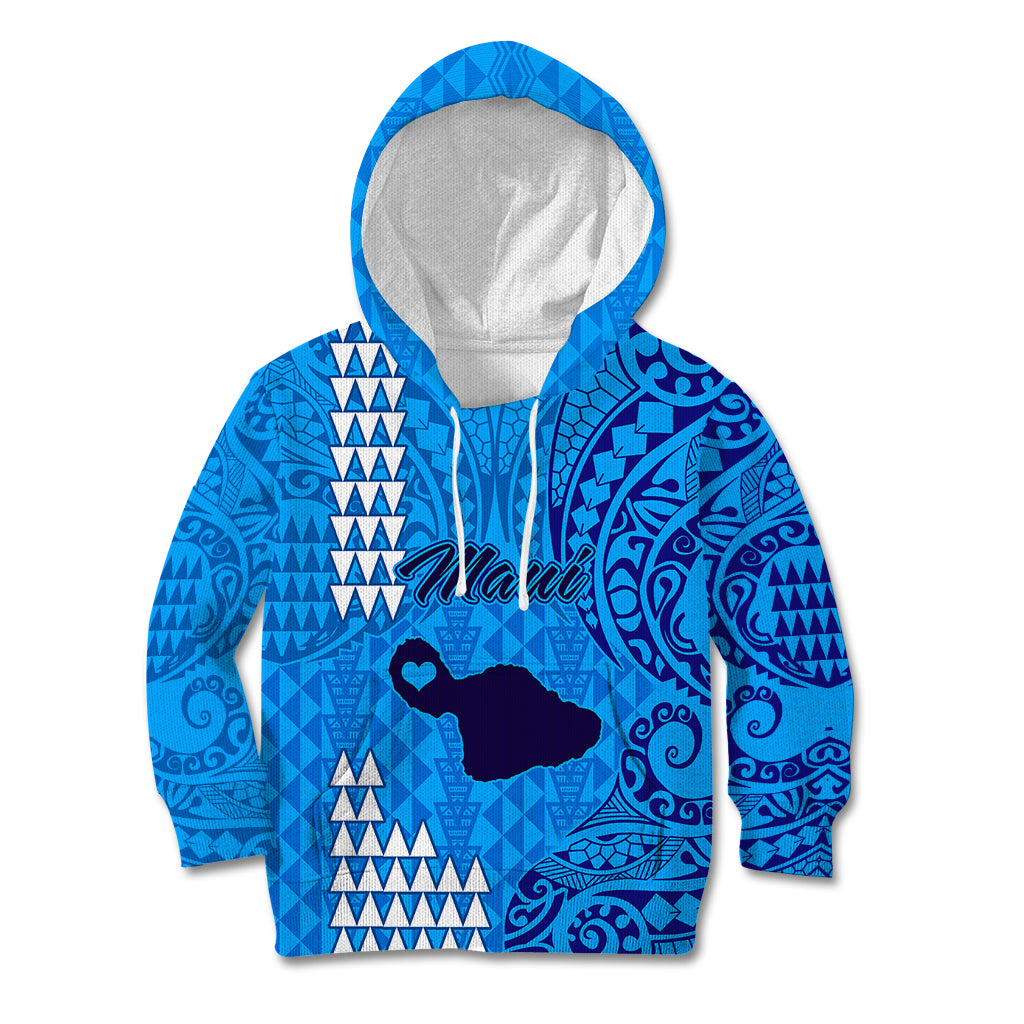 Personalised Maui Island Kid Hoodie Kakau Tribal Mixed Polynesian Pattern Blue - Wonder Print Shop