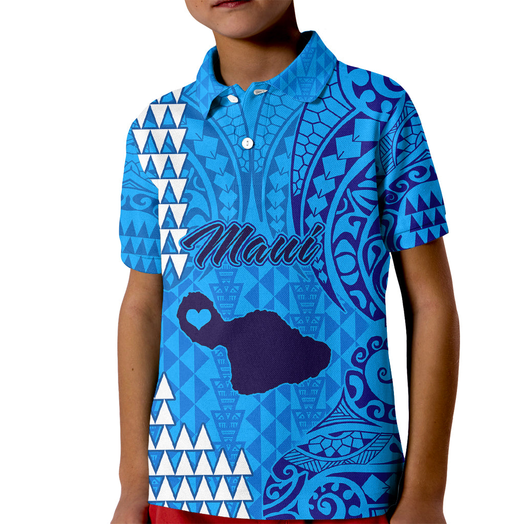 Personalised Maui Island Kid Polo Shirt Kakau Tribal Mixed Polynesian Pattern Blue - Wonder Print Shop