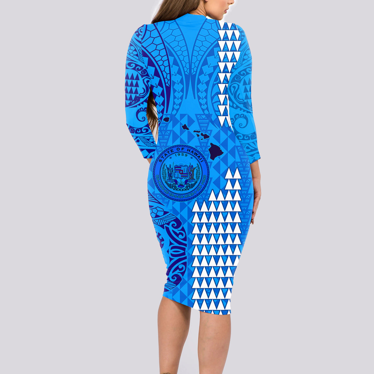 Personalised Maui Island Long Sleeve Bodycon Dress Kakau Tribal Mixed Polynesian Pattern Blue - Wonder Print Shop
