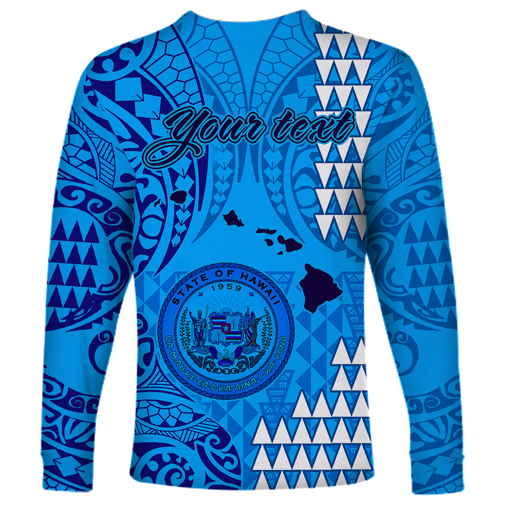 Personalised Maui Island Long Sleeve Shirt Kakau Tribal Mixed Polynesian Pattern Blue - Wonder Print Shop