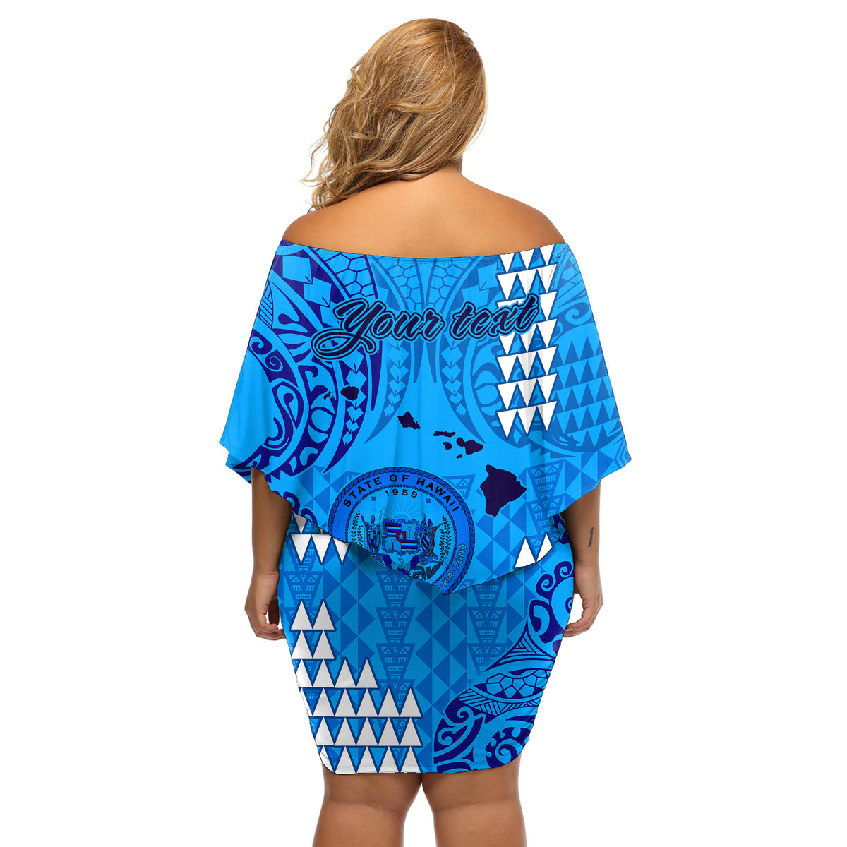 Personalised Maui Island Off Shoulder Short Dress Kakau Tribal Mixed Polynesian Pattern Blue - Wonder Print Shop