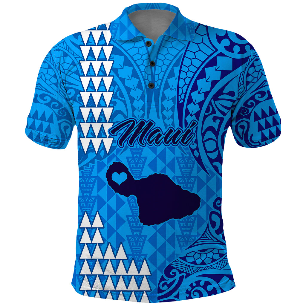 Personalised Maui Island Polo Shirt Kakau Tribal Mixed Polynesian Pattern Blue - Wonder Print Shop