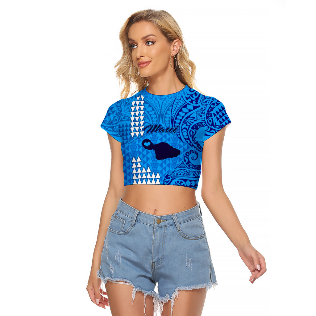 Personalised Maui Island Raglan Cropped T Shirt Kakau Tribal Mixed Polynesian Pattern Blue - Wonder Print Shop
