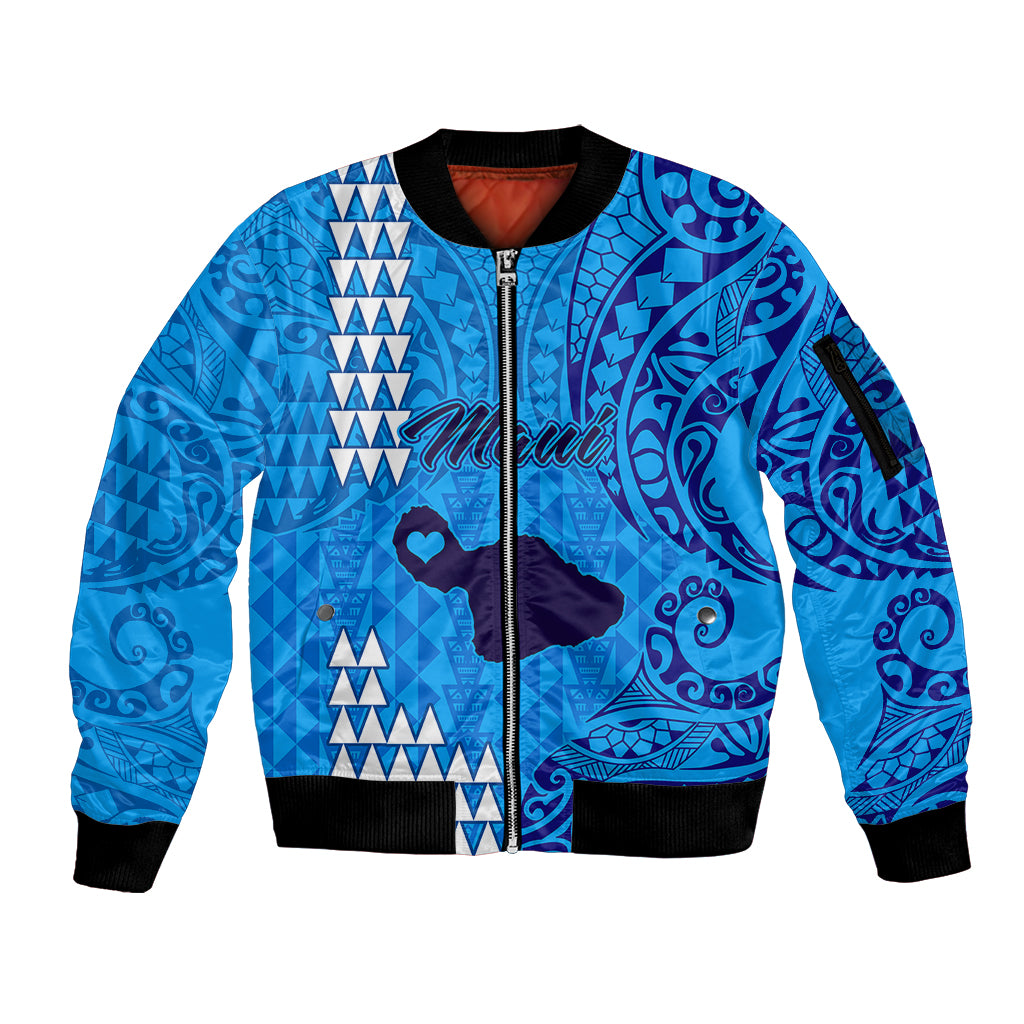 Personalised Maui Island Sleeve Zip Bomber Jacket Kakau Tribal Mixed Polynesian Pattern Blue - Wonder Print Shop