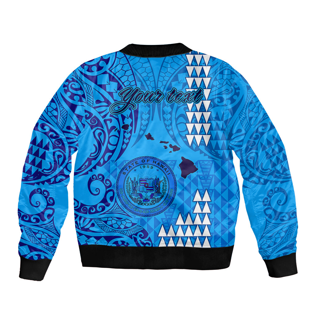 Personalised Maui Island Sleeve Zip Bomber Jacket Kakau Tribal Mixed Polynesian Pattern Blue - Wonder Print Shop