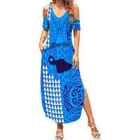 Personalised Maui Island Summer Maxi Dress Kakau Tribal Mixed Polynesian Pattern Blue - Wonder Print Shop