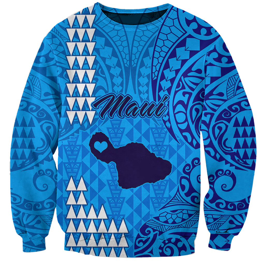 Personalised Maui Island Sweatshirt Kakau Tribal Mixed Polynesian Pattern Blue - Wonder Print Shop