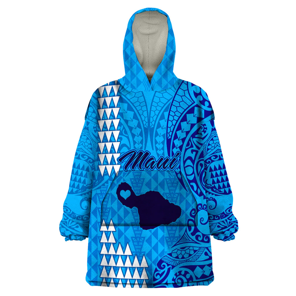 Personalised Maui Island Wearable Blanket Hoodie Kakau Tribal Mixed Polynesian Pattern Blue - Wonder Print Shop