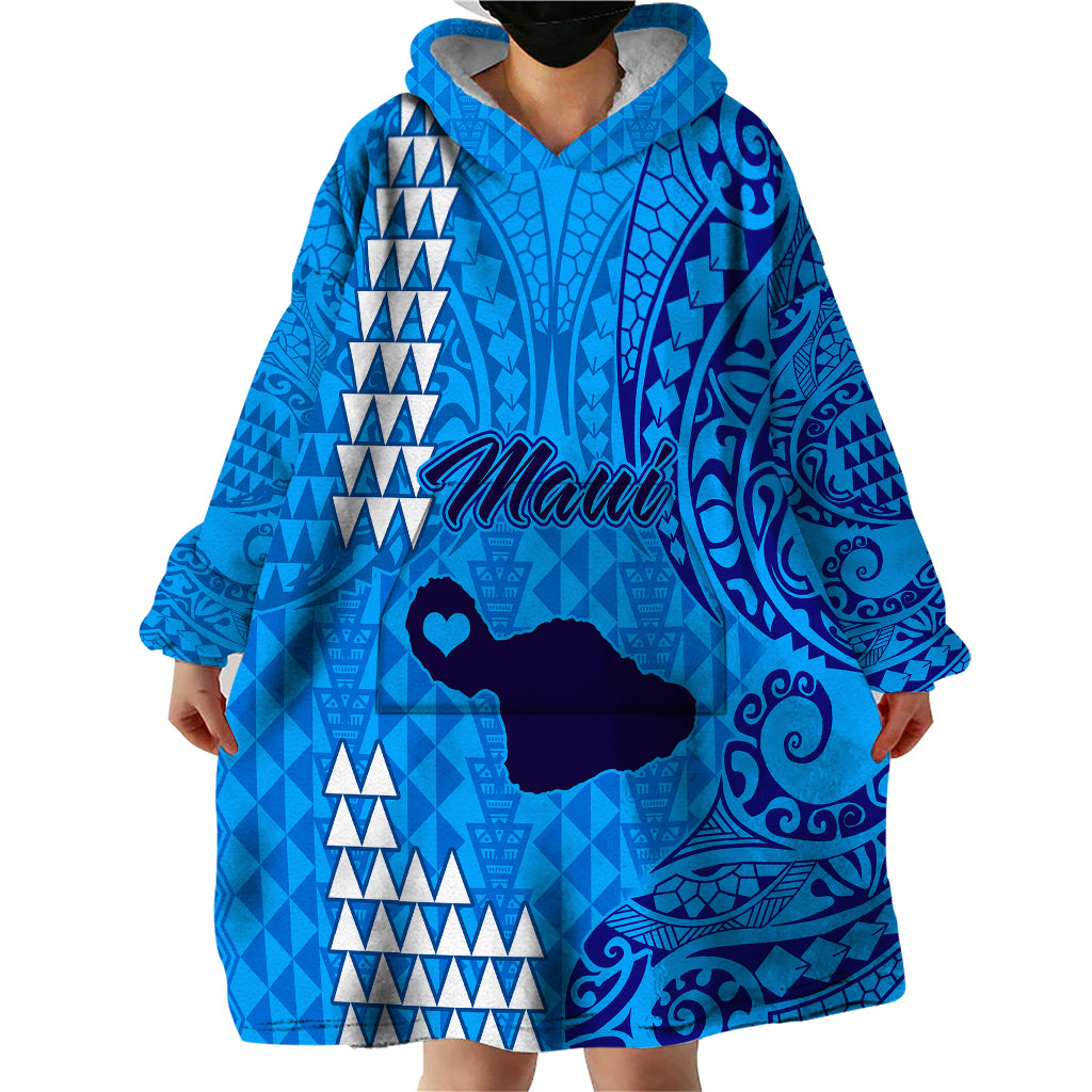 Personalised Maui Island Wearable Blanket Hoodie Kakau Tribal Mixed Polynesian Pattern Blue - Wonder Print Shop