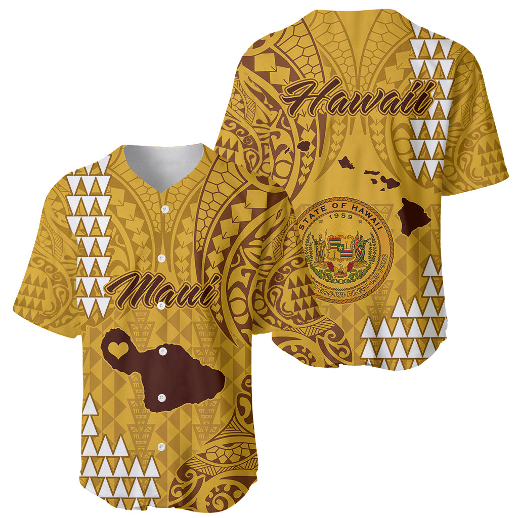 Maui Island Baseball Jersey Kakau Tribal Mixed Polynesian Pattern Gold LT9 - Wonder Print Shop