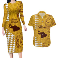 Maui Island Couples Matching Long Sleeve Bodycon Dress and Hawaiian Shirt Kakau Tribal Mixed Polynesian Pattern Gold LT9 - Wonder Print Shop