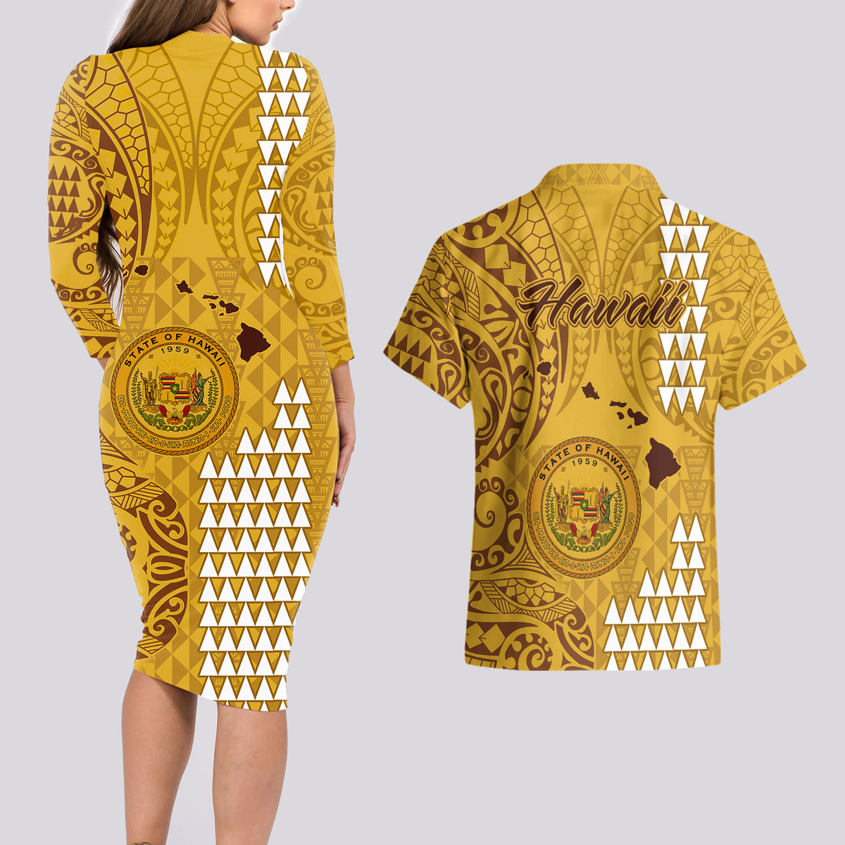 Maui Island Couples Matching Long Sleeve Bodycon Dress and Hawaiian Shirt Kakau Tribal Mixed Polynesian Pattern Gold LT9 - Wonder Print Shop