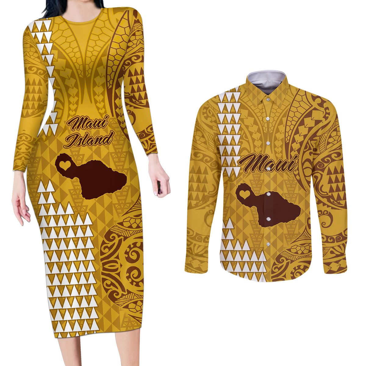 Maui Island Couples Matching Long Sleeve Bodycon Dress and Long Sleeve Button Shirts Kakau Tribal Mixed Polynesian Pattern Gold LT9 - Wonder Print Shop