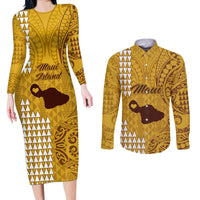 Maui Island Couples Matching Long Sleeve Bodycon Dress and Long Sleeve Button Shirts Kakau Tribal Mixed Polynesian Pattern Gold LT9 - Wonder Print Shop