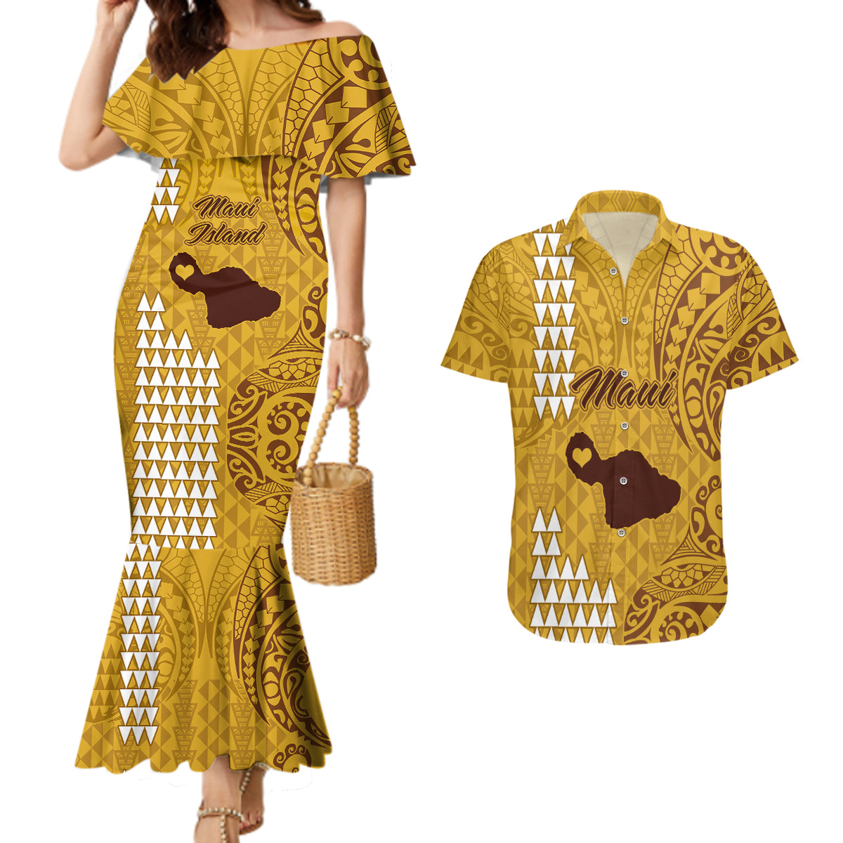 Maui Island Couples Matching Mermaid Dress and Hawaiian Shirt Kakau Tribal Mixed Polynesian Pattern Gold LT9 - Wonder Print Shop