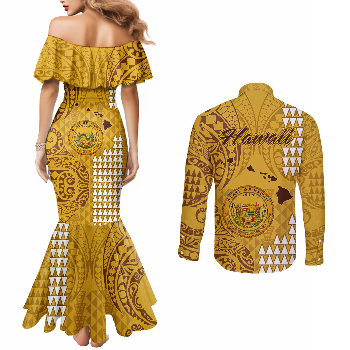 maui-island-couples-matching-mermaid-dress-and-long-sleeve-button-shirts-kakau-tribal-mixed-polynesian-pattern-gold