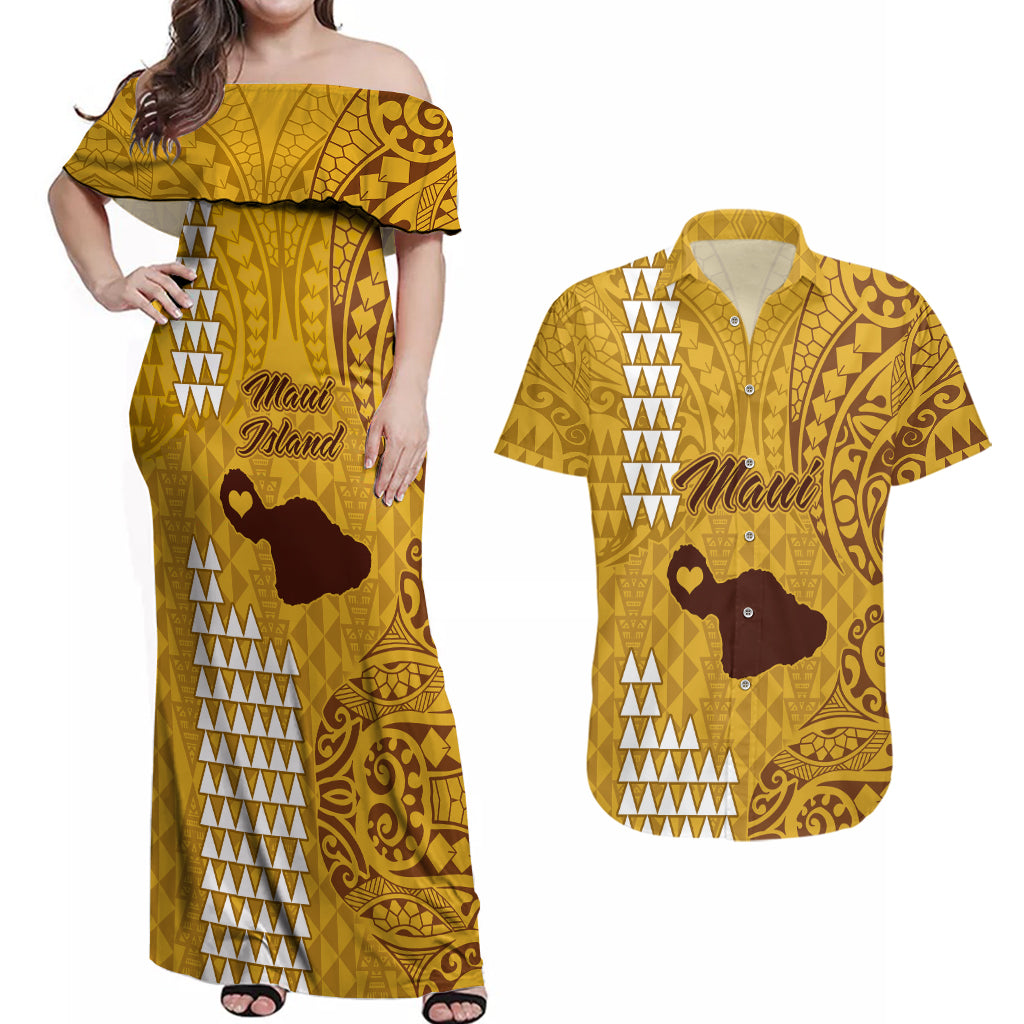Maui Island Couples Matching Off Shoulder Maxi Dress and Hawaiian Shirt Kakau Tribal Mixed Polynesian Pattern Gold LT9 - Wonder Print Shop