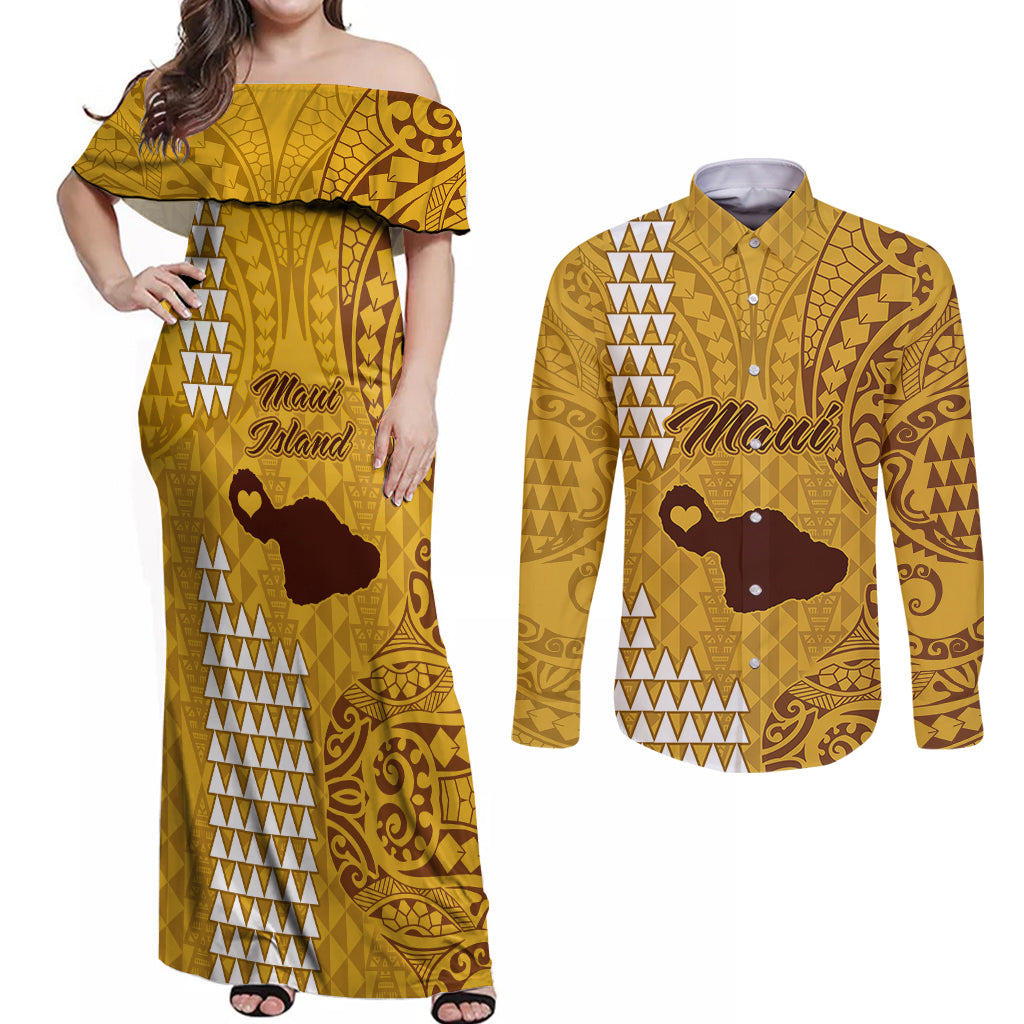 Maui Island Couples Matching Off Shoulder Maxi Dress and Long Sleeve Button Shirts Kakau Tribal Mixed Polynesian Pattern Gold LT9 - Wonder Print Shop