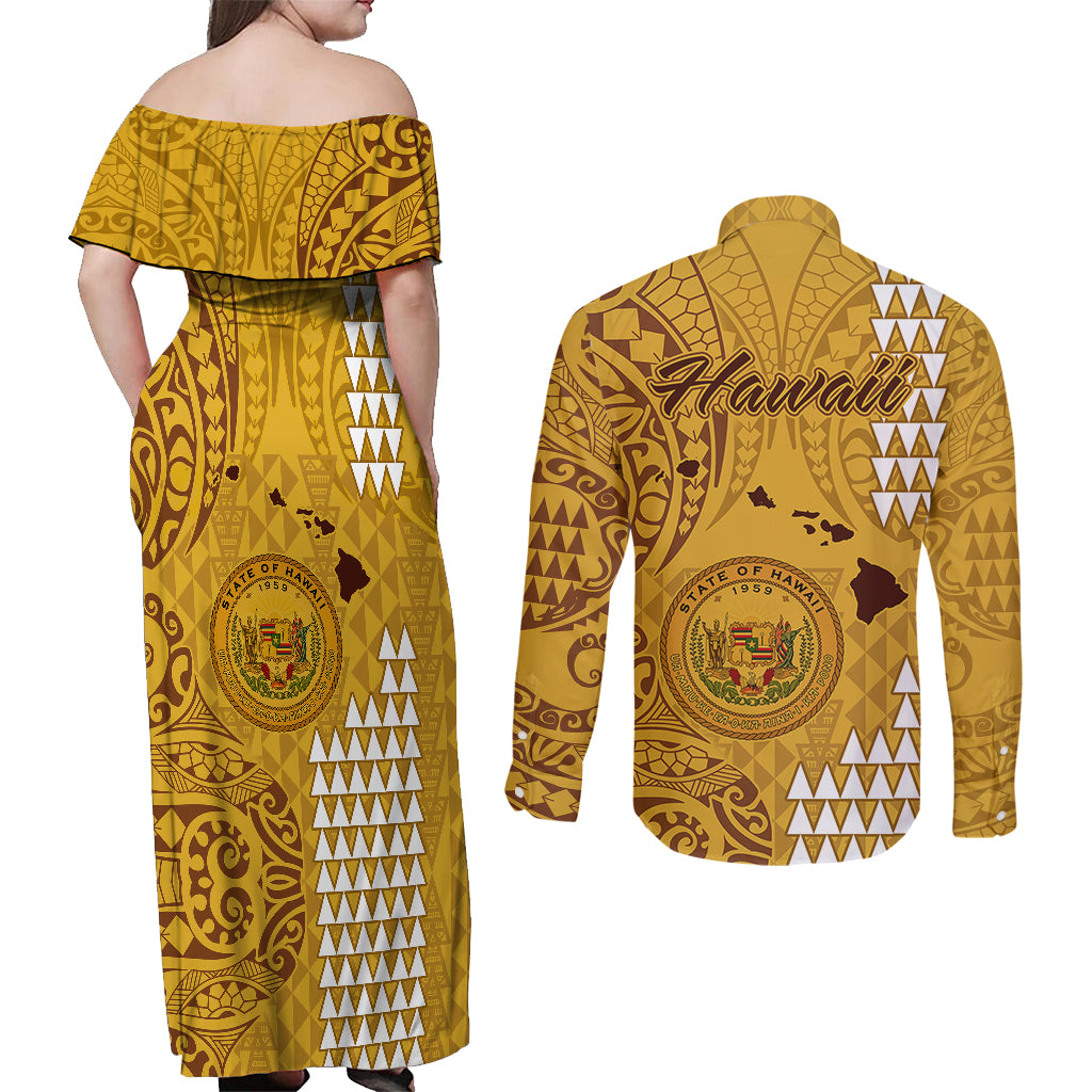 Maui Island Couples Matching Off Shoulder Maxi Dress and Long Sleeve Button Shirts Kakau Tribal Mixed Polynesian Pattern Gold LT9 - Wonder Print Shop