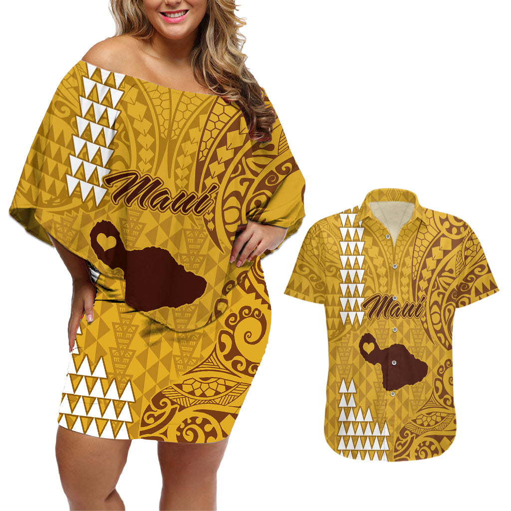 Maui Island Couples Matching Off Shoulder Short Dress and Hawaiian Shirt Kakau Tribal Mixed Polynesian Pattern Gold LT9 - Wonder Print Shop