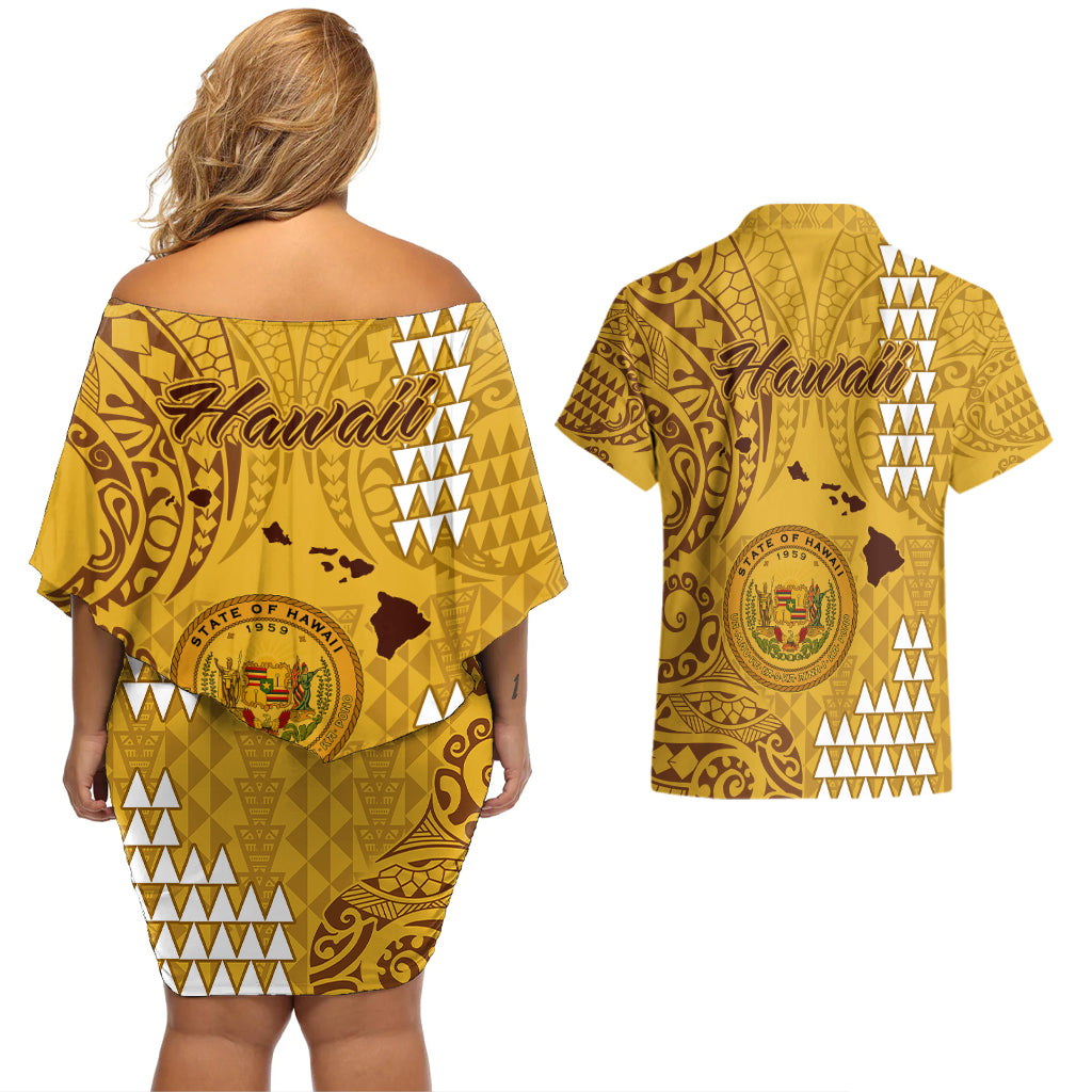 Maui Island Couples Matching Off Shoulder Short Dress and Hawaiian Shirt Kakau Tribal Mixed Polynesian Pattern Gold LT9 - Wonder Print Shop