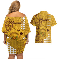 Maui Island Couples Matching Off Shoulder Short Dress and Hawaiian Shirt Kakau Tribal Mixed Polynesian Pattern Gold LT9 - Wonder Print Shop