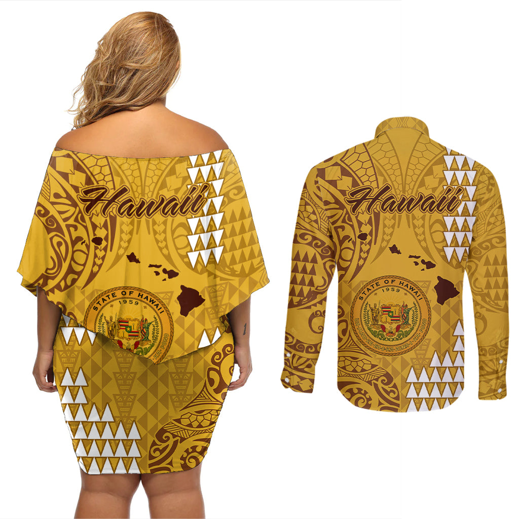 Maui Island Couples Matching Off Shoulder Short Dress and Long Sleeve Button Shirts Kakau Tribal Mixed Polynesian Pattern Gold LT9 - Wonder Print Shop