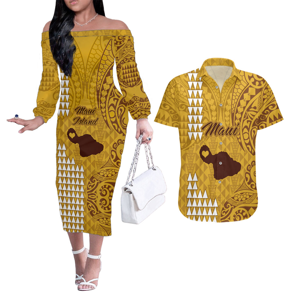 Maui Island Couples Matching Off The Shoulder Long Sleeve Dress and Hawaiian Shirt Kakau Tribal Mixed Polynesian Pattern Gold LT9 - Wonder Print Shop