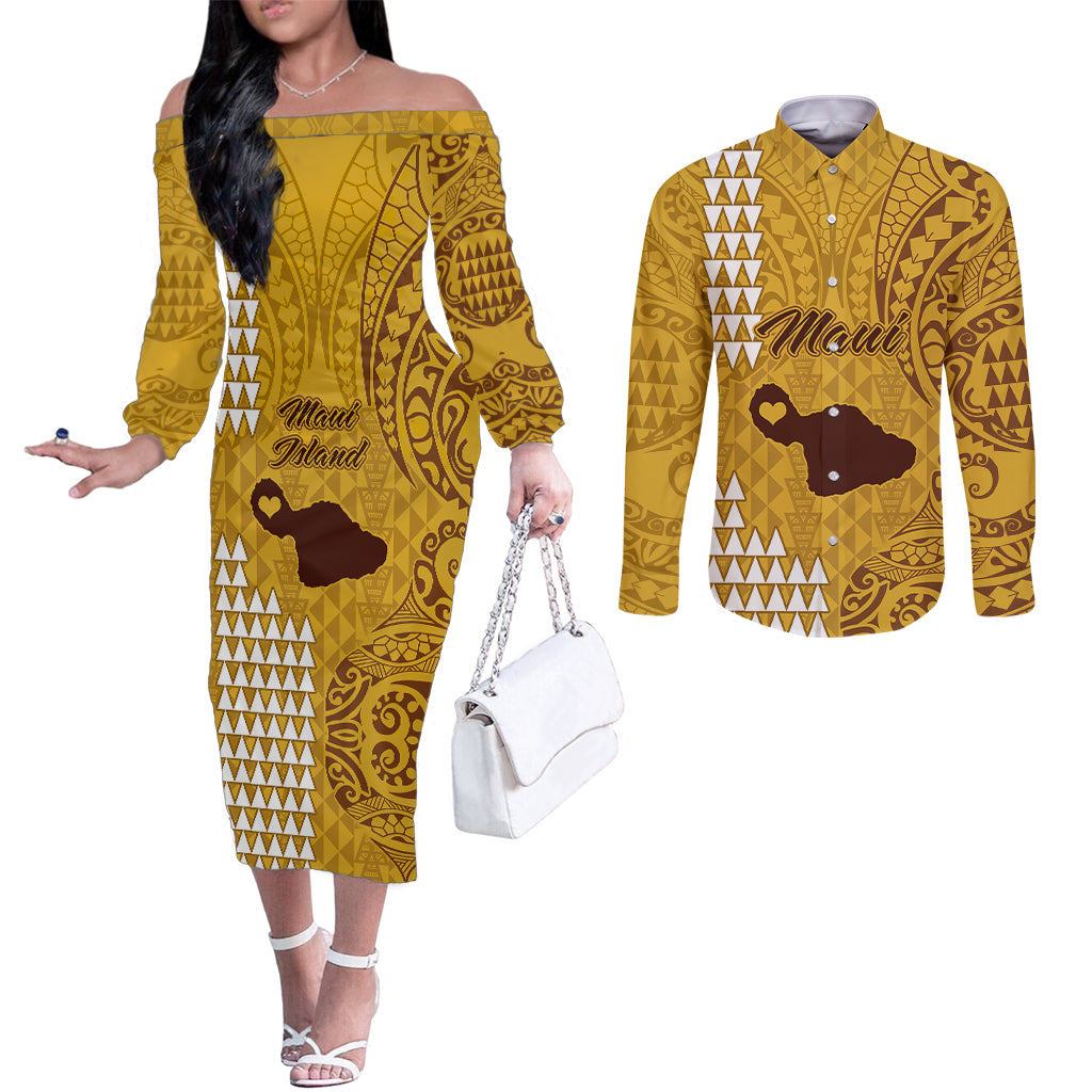 maui-island-couples-matching-off-the-shoulder-long-sleeve-dress-and-long-sleeve-button-shirts-kakau-tribal-mixed-polynesian-pattern-gold