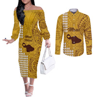 maui-island-couples-matching-off-the-shoulder-long-sleeve-dress-and-long-sleeve-button-shirts-kakau-tribal-mixed-polynesian-pattern-gold