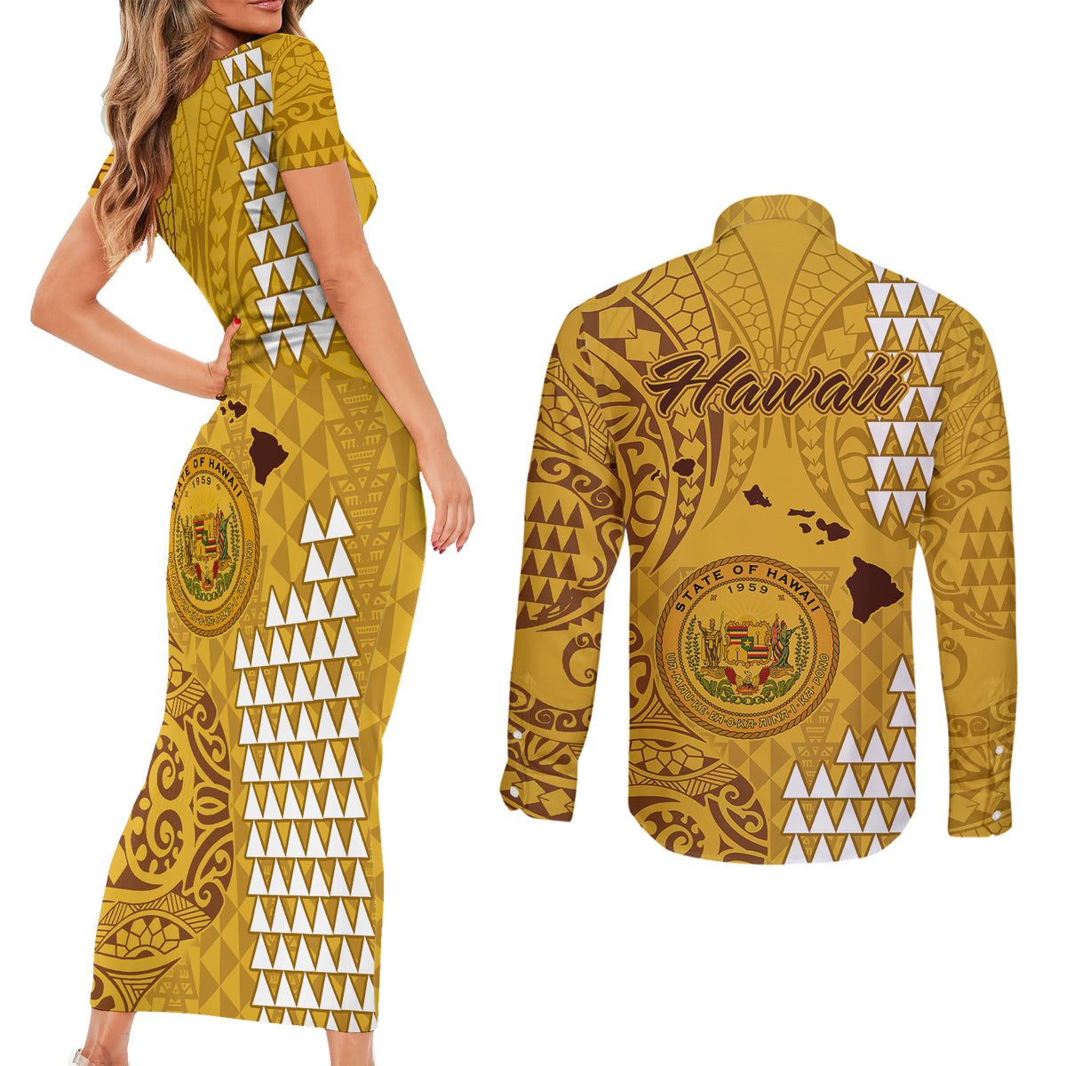Maui Island Couples Matching Short Sleeve Bodycon Dress and Long Sleeve Button Shirts Kakau Tribal Mixed Polynesian Pattern Gold LT9 - Wonder Print Shop