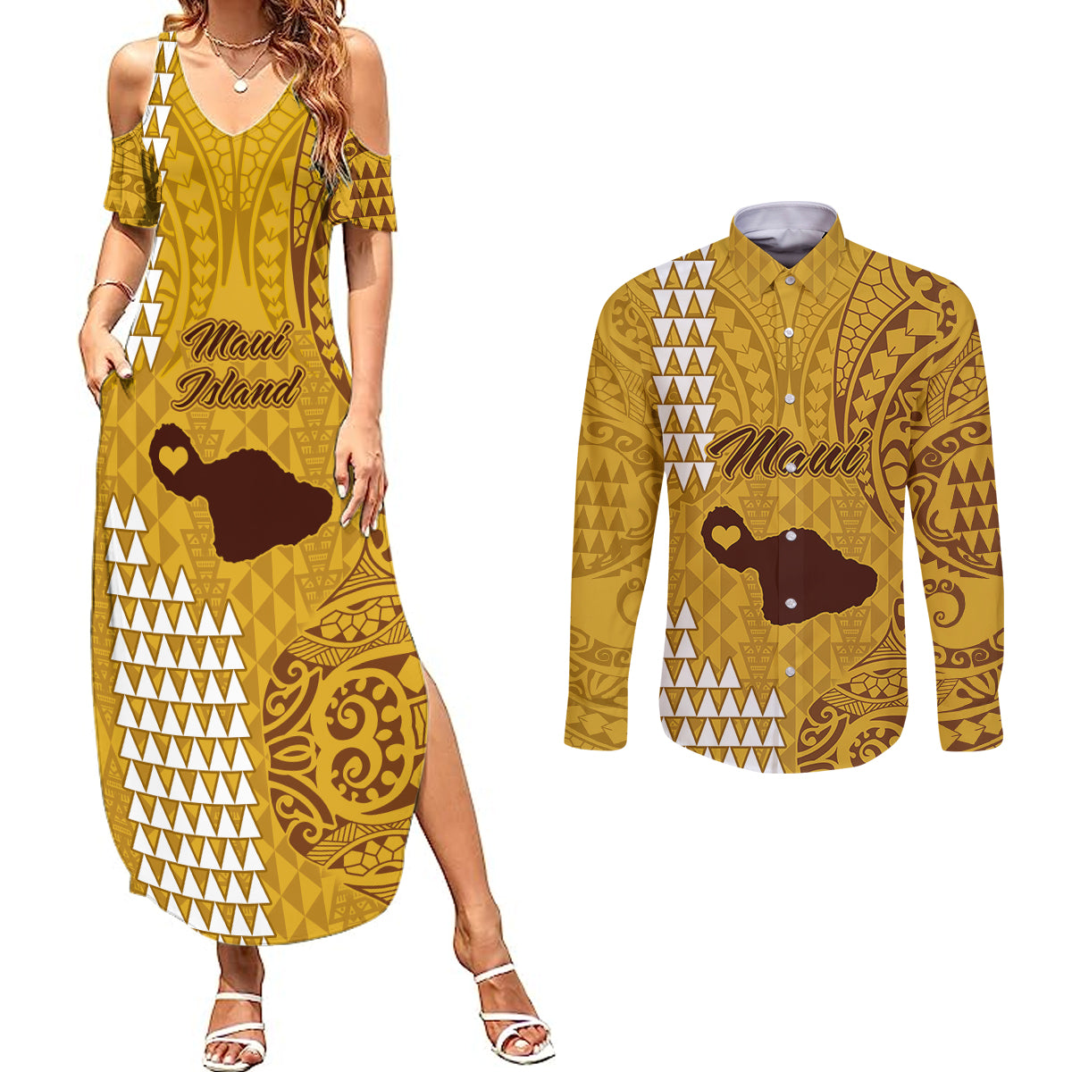 Maui Island Couples Matching Summer Maxi Dress and Long Sleeve Button Shirts Kakau Tribal Mixed Polynesian Pattern Gold LT9 - Wonder Print Shop