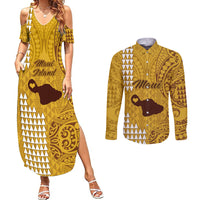 Maui Island Couples Matching Summer Maxi Dress and Long Sleeve Button Shirts Kakau Tribal Mixed Polynesian Pattern Gold LT9 - Wonder Print Shop