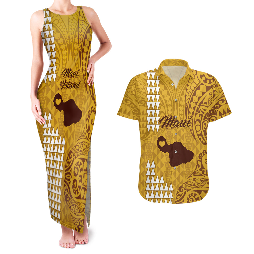 Maui Island Couples Matching Tank Maxi Dress and Hawaiian Shirt Kakau Tribal Mixed Polynesian Pattern Gold LT9 - Wonder Print Shop