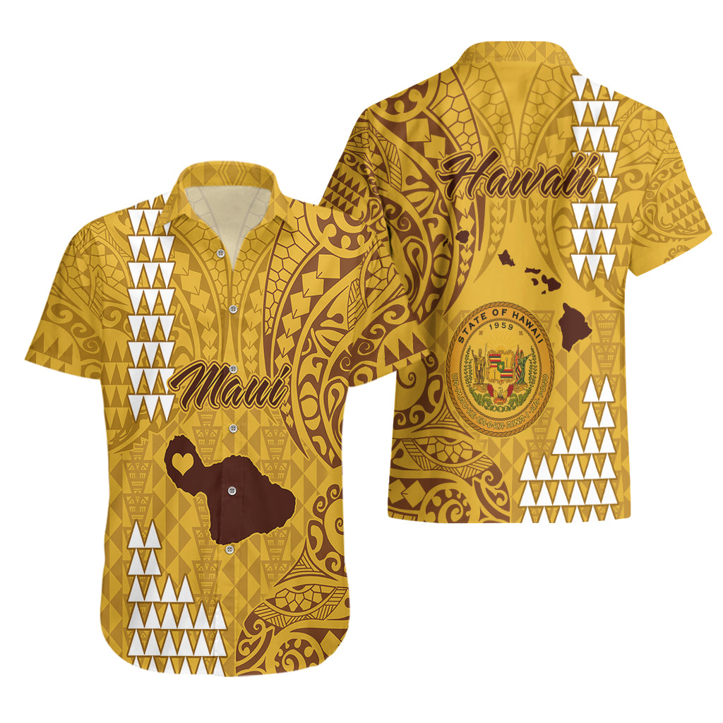 Maui Island Hawaiian Shirt Kakau Tribal Mixed Polynesian Pattern Gold - Wonder Print Shop
