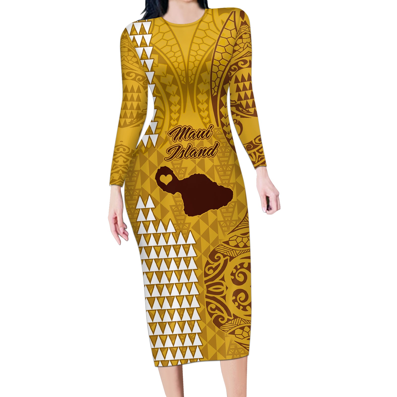 Maui Island Long Sleeve Bodycon Dress Kakau Tribal Mixed Polynesian Pattern Gold - Wonder Print Shop
