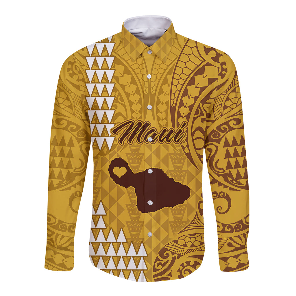 Maui Island Long Sleeve Button Shirt Kakau Tribal Mixed Polynesian Pattern Gold - Wonder Print Shop
