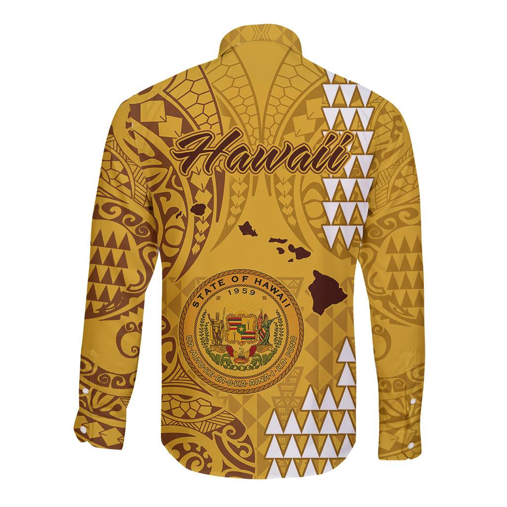 Maui Island Long Sleeve Button Shirt Kakau Tribal Mixed Polynesian Pattern Gold - Wonder Print Shop