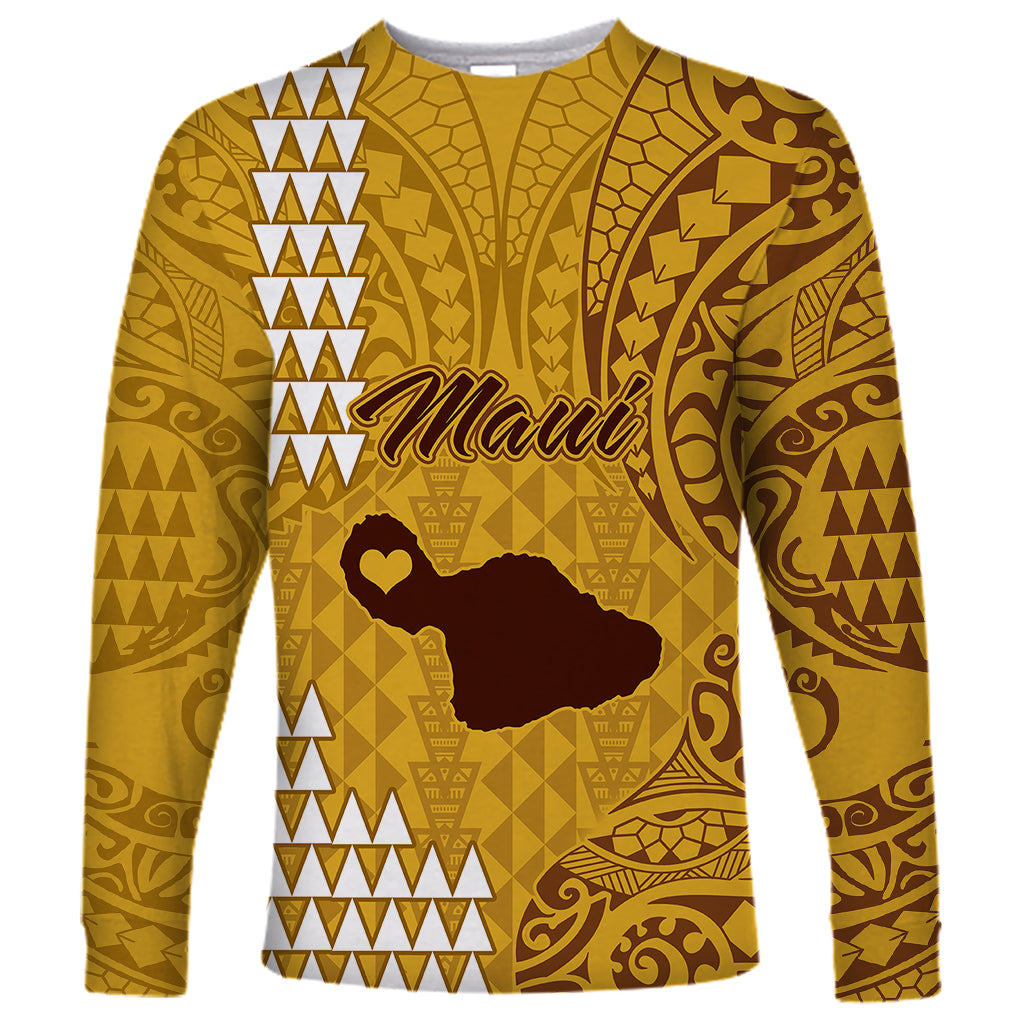 Maui Island Long Sleeve Shirt Kakau Tribal Mixed Polynesian Pattern Gold - Wonder Print Shop