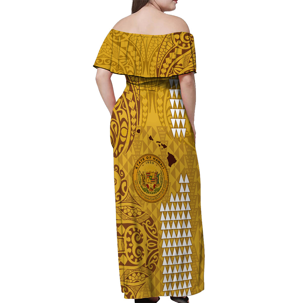 Maui Island Off Shoulder Maxi Dress Kakau Tribal Mixed Polynesian Pattern Gold - Wonder Print Shop