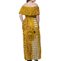 Maui Island Off Shoulder Maxi Dress Kakau Tribal Mixed Polynesian Pattern Gold - Wonder Print Shop